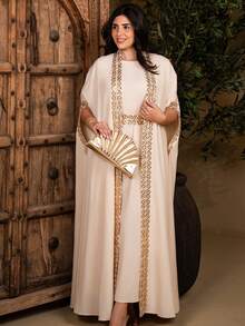 The Leen Edit Women's Splice Ribbon Batwing Sleeve Jacket & Dress Elegant 2 Pieces Set Summer - Apricot - View 4