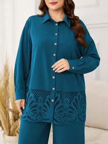 Lacomfia Minimalist Casual Solid Color Long Sleeve Hem Lace Trim Regular Plus Size Shirt And Solid Color Elastic Waist Wide Leg Pants Spring Autumn Plus Size 2-Piece Set - Teal Blue - View 5