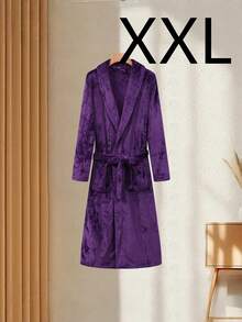 1pc Fashionable Thick Flannel Bathrobe With Pockets, Tie Waist Belt, Fold-Down Collar, Soft & Comfortable, Suitable For Plus Size Women Sleepwear & Loungewear - Dark Purple - View 8