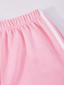 Girls 2pcs Set Solid Color Knit Round Neck T-Shirt + Wide Leg Long Pants Set, 3D Bow Decoration, Side Seam Color Block Stripe Decoration, American Minimalist Casual, Sports Style, Suitable For Daily Casual, Sports Wear In Spring And Summer - Pink - View 3