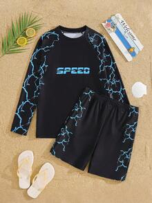 SHEIN Teen Boy 2pcs Casual Vacation Print Pattern Long Sleeve Swim Top And Swim Shorts - Multicolor - View 1