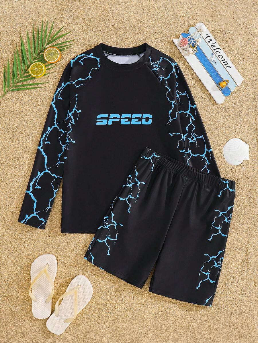 SHEIN Teen Boy 2pcs Casual Vacation Print Pattern Long Sleeve Swim Top And Swim Shorts - Multicolor - View 1