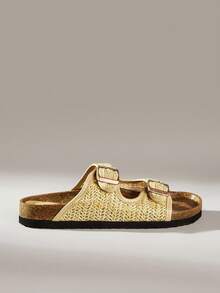 Solecia Sandal Wanita Musim Panas Anyaman Berwarna Kuning yang Bernapas, Dua Sisi dengan Sol Datar yang Dapat Diatur dan Sol Lembut, Sandal Luar Serbaguna - Anyaman rumput kuning - View 3