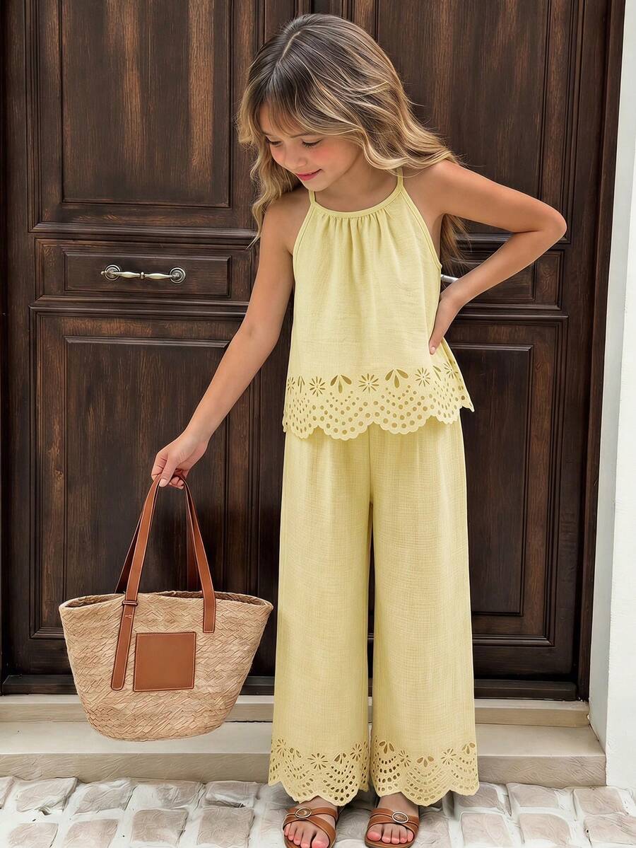 SHEIN 1pc Girls Sleeveless Top And Pants Set, Fashion Versatile Halter Neck Backless Design, Woven Fabric, Fitted Top + Relaxed Straight Leg Pants, Suitable For Outdoor Wear, Summer - Yellow - View 1