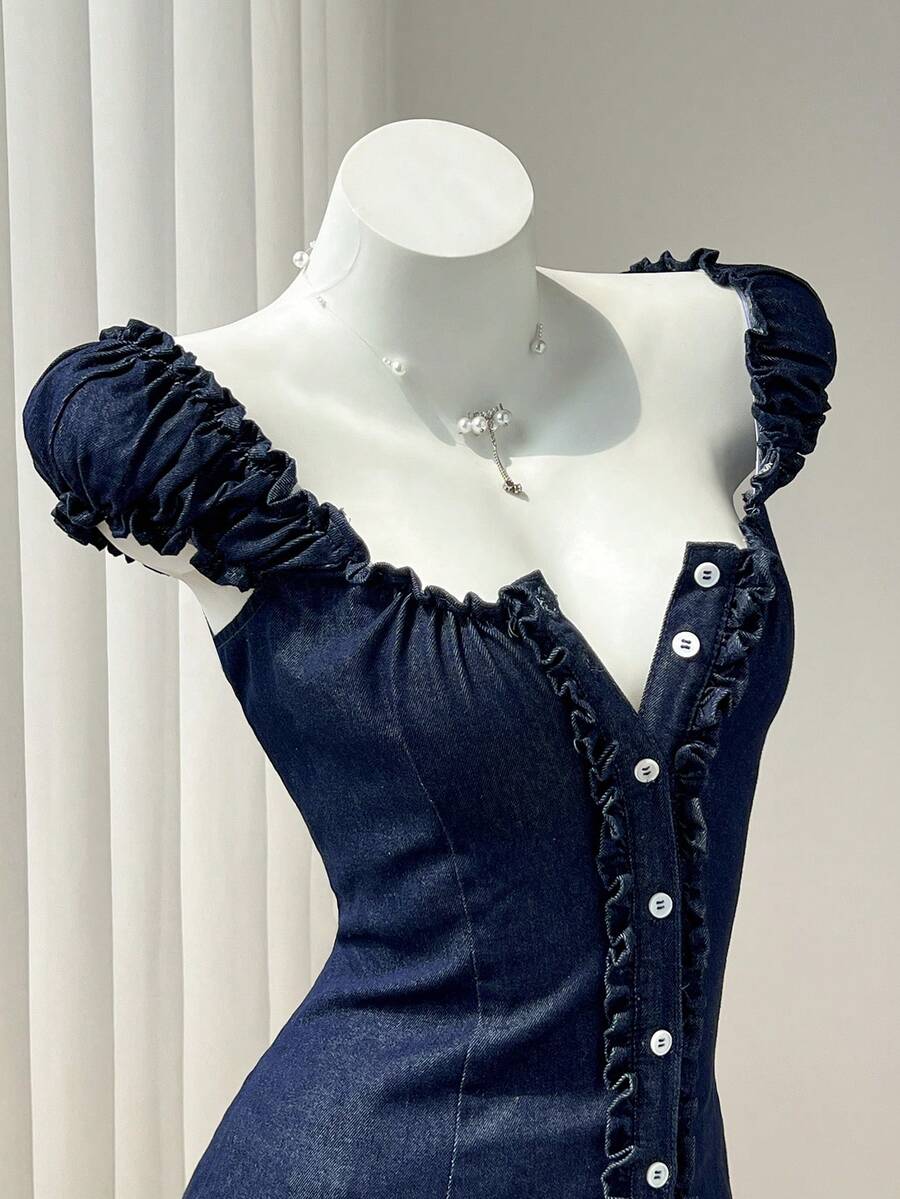 Elamini Women's Summer Casual Front Button Cross Tie Waist Denim Top - Dark Wash - View 1