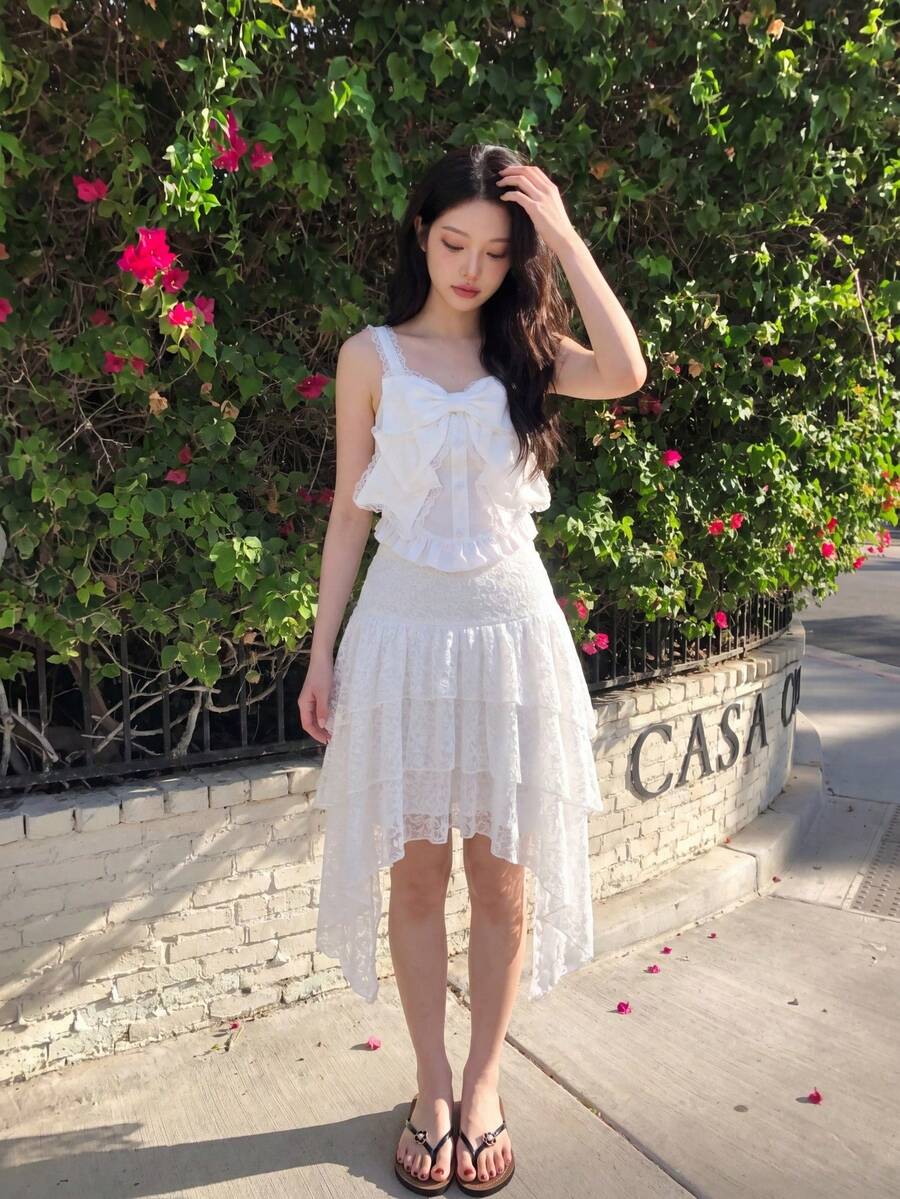 SHEIN MOD White Lace Decorated Asymmetric Ruffle Hem Skirt,Concert Outfits,Summer,White Skirt - White - View 1