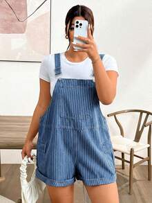 Lounesse Plus Size Women's Striped Casual Daily Denim Romper - Medium Wash - View 4