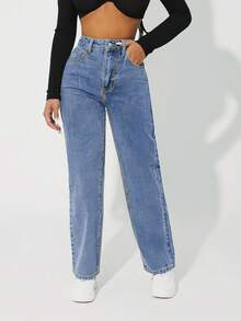 SHEIN PETITE Women's High Waist Pockets Straight Loose Casual Versatile Jeans - Medium Wash - View 4