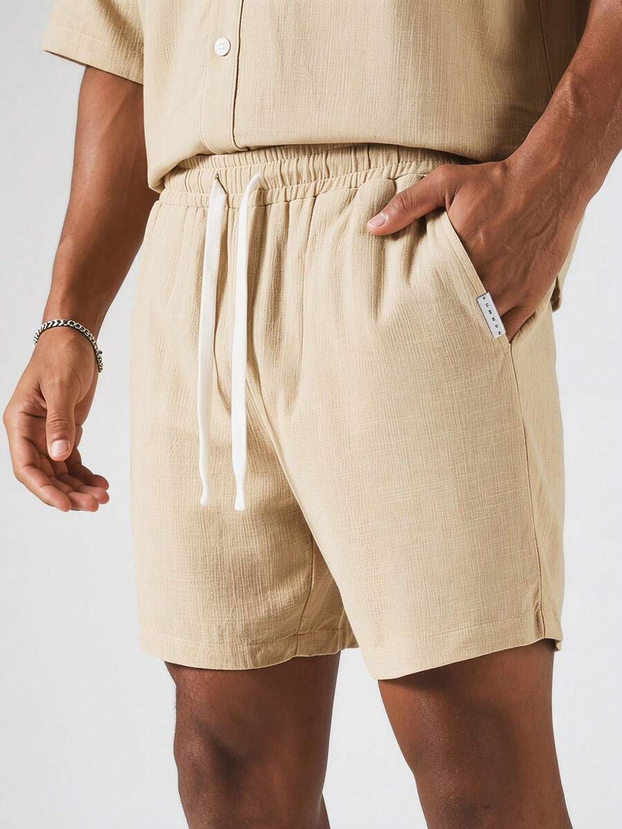 SUMWON Celana Pendek Bertali Serut Berbahan Linen dengan Pinggang Elastis Berkerut untuk Liburan Musim Panas dan Pakaian Kasual - Khaki - View 1