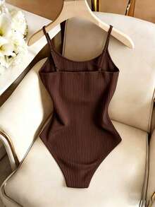 Franclia Summer Casual Solid Color Bodysuit - Brown - View 2