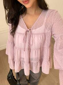 Solavon 女款V領素色百褶休閒百搭日常旅行襯衫 - 藕粉色 - 查看 8