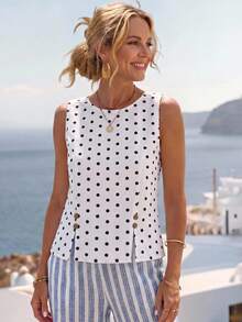 EMERY ROSE Women's Polka Dot Round Neck Casual Versatile Daily Outing Blouse  Summer Polka Dots - White - View 2