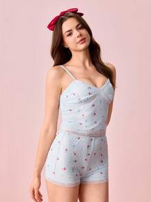 Bonmuse Conjunto de pijama floral fresco de verano, camiseta de cuello en V y pantalones cortos, 2 piezas de ropa de dormir con adorno de encaje - Celeste - Ver 6