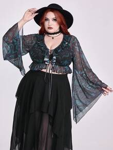 ROMWE Goth Top de malla con estampado floral de piel de serpiente gótico vintage azul con volantes y cintura con lazo para mujeres de talla grande - Azul - Ver 5