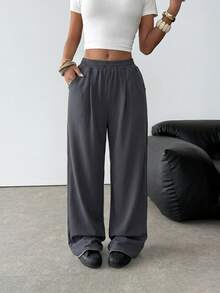 SHEIN Celana Jogging Kasual Longgar Warna Abu-abu Gelap dengan Kantong untuk Remaja Perempuan - Dark Grey - View 4