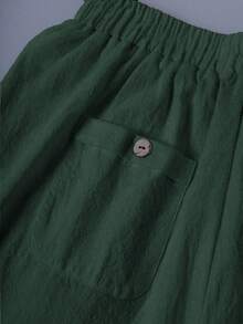 SHEIN EMERY ROSE CURVE Plus Size Vacation Washed Cotton Cinched Waist Back Pocket Button Decor Women's Short Top - Dark Green - View 7