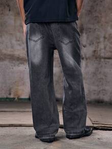 Skyrend Lightweight Business Casual Washed Distressed Hem Jeans For Men, Versatile Slim Straight Leg Casual Pants, Suitable For All Seasonsemo - Black - View 2