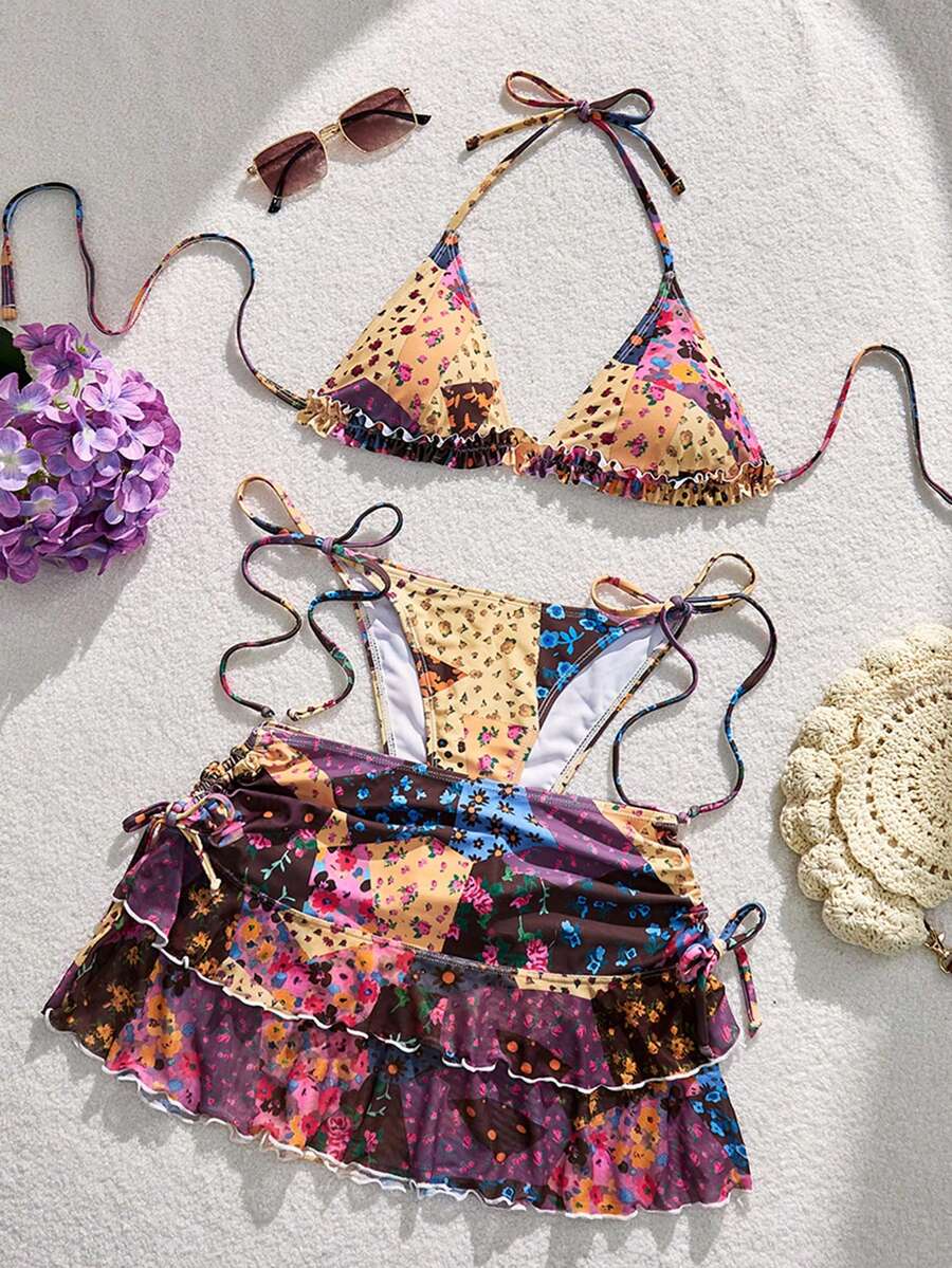 Swim Mod Summer Women's 3-Piece Multi-Color Patchwork Ditsy Floral Lace Trim Tie-Up Triangle Cup Bikini Set With Drawstring Ruched Mini Skirt Swimsuit Set - Multicolor - View 1