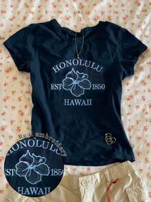 INAWLY 夏威夷字母花卉刺繡時尚簡約女款大尺碼短袖圓領T恤好友禮物 - 藏蓝色 - 查看 1