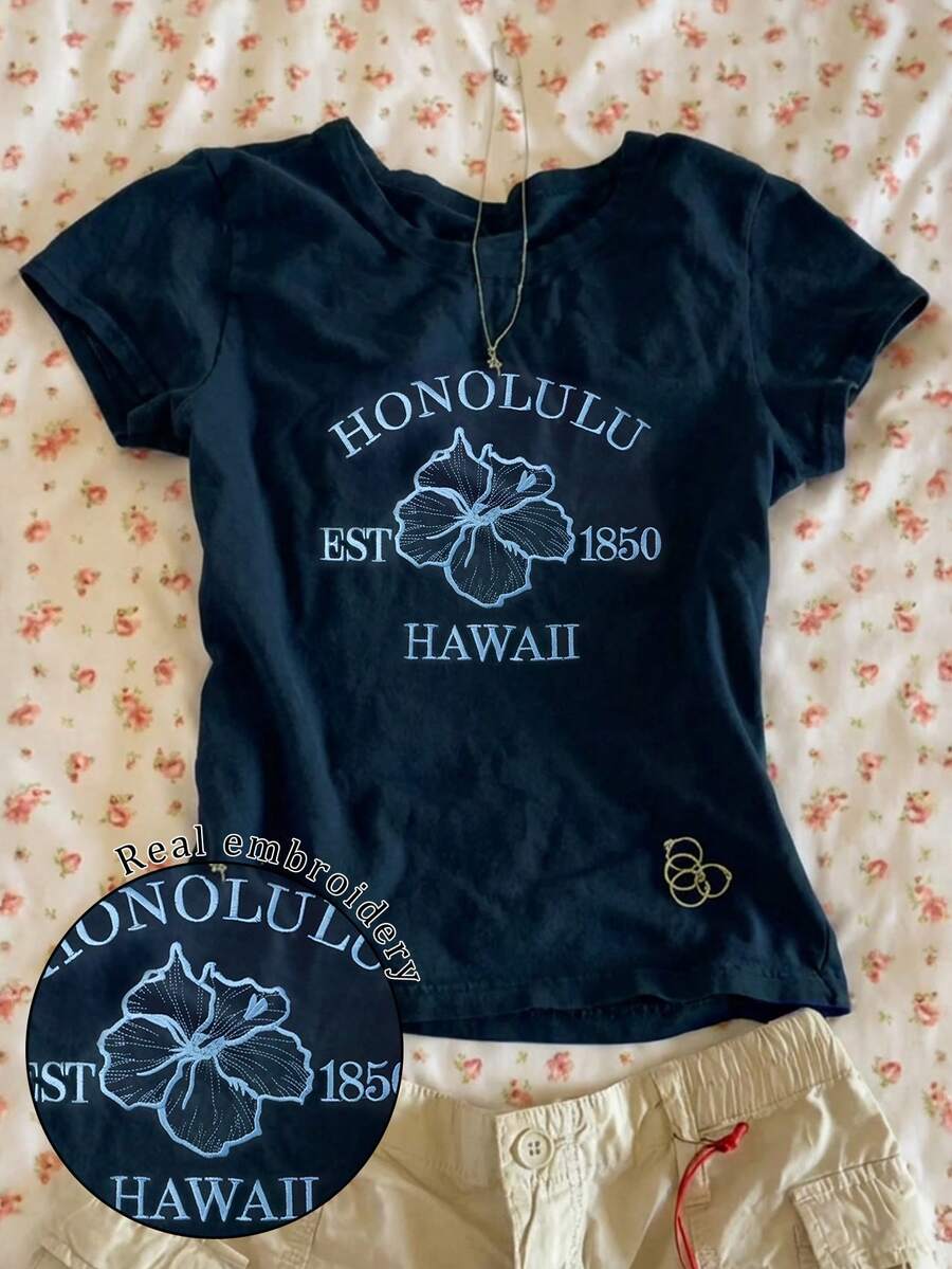 INAWLY 夏威夷字母花卉刺繡時尚簡約女款大尺碼短袖圓領T恤好友禮物 - 藏蓝色 - 查看 1