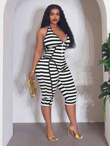 Slaydiva Jumpsuit Wanita Ukuran Plus Tanpa Lengan Model Halter Warna Hijau Alpukat Terbaru Musim Semi/Panas dengan Simpul Ikat, Leher V Dalam, dan Potongan Sebagian, Terbuat dari Kain Rajut Bergaris Elastis Tinggi - Hitam dan Putih - View 10