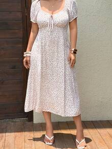 Sunnyshic Plus Size Diamond Square Neck Pattern Print A-Line Short Sleeve Dress - Multicolor - View 3