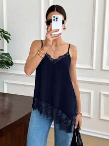 Elegant Women's Summer Camisole In Solid Color With Lace Patchwork And Side Slit - Beige - View 3