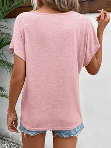 SHEIN Frenchy Women's Solid Color V-Neck Batwing Short Sleeve Casual Versatile T-Shirt - Baby Pink - View 2