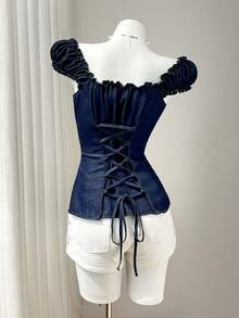 Elamini Women's Summer Casual Front Button Cross Tie Waist Denim Top - Dark Wash - View 2