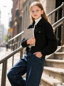 Girls' Solid Color Versatile Minimalist Casual Autumn/Winter Turn-Up Collar Jacket Coat - Black - View 5