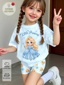 Set Kaos dan Celana Pendek Ketat Bersepeda Motif Putri Salju, Bintang, dan Hati untuk Anak Perempuan - MultiWarna - View 7