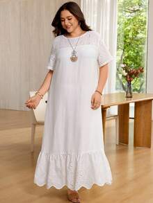 Rosumi Women's Plus Size Mixed Fabric Patchwork All White Dress Summer Outfits For Women Going Out Party Outfits Vacation Outfits Autumn Outfit Elegant - White - View 4