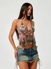 SHEIN ICON 夏季性感豹紋印花掛脖上衣 - 彩色 - 查看 5