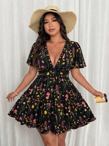 Vionelle Plus Size Women's Vacation Chiffon Printed Ruffle Sleeve Frill Trim Dress - Black - View 1