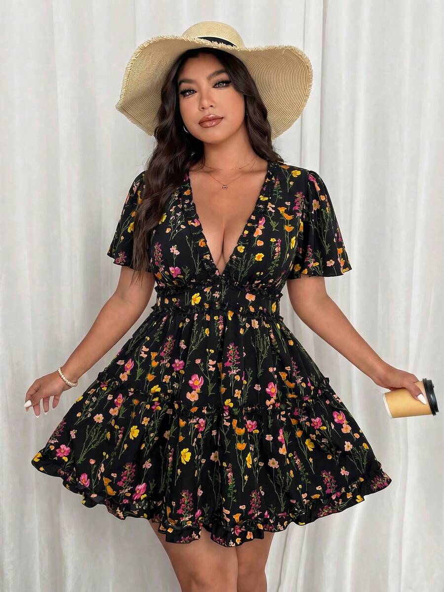 Vionelle Plus Size Women's Vacation Chiffon Printed Ruffle Sleeve Frill Trim Dress - Black - View 1