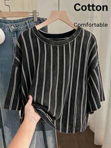 Comfortcana Plus Size Casual Washed Cotton Short Sleeve T-Shirt, Spring/Summer - Black - View 1