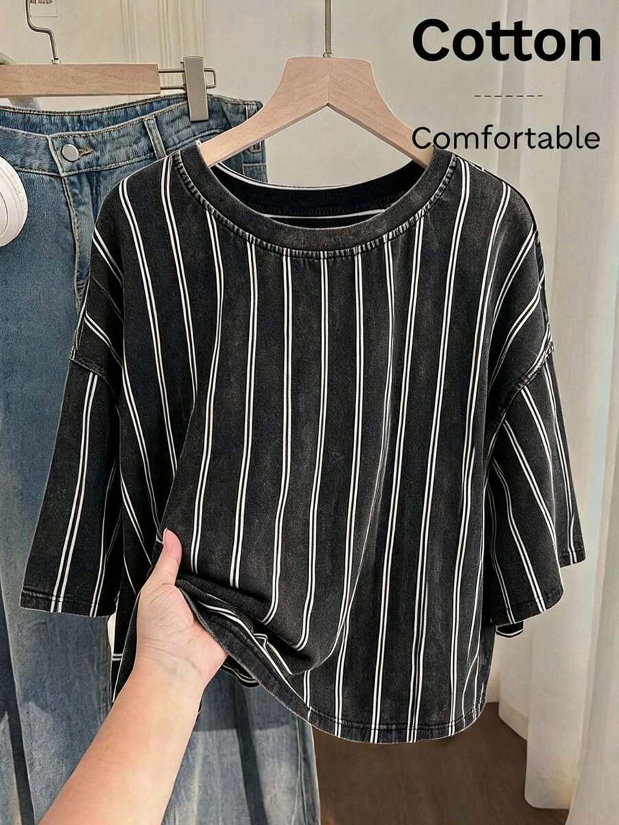 Comfortcana Plus Size Casual Washed Cotton Short Sleeve T-Shirt, Spring/Summer - Black - View 1