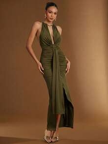 Hauture Gold Metal Halter Neck Ruched Mermaid Hem Open Back Dress With Sash - Olive Green - View 4