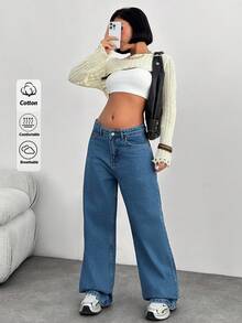 SHEIN Tall 100%Cotton HIGH WAIST WIDE LEG LONG HEM TALL JEAN - Medium Wash - View 1