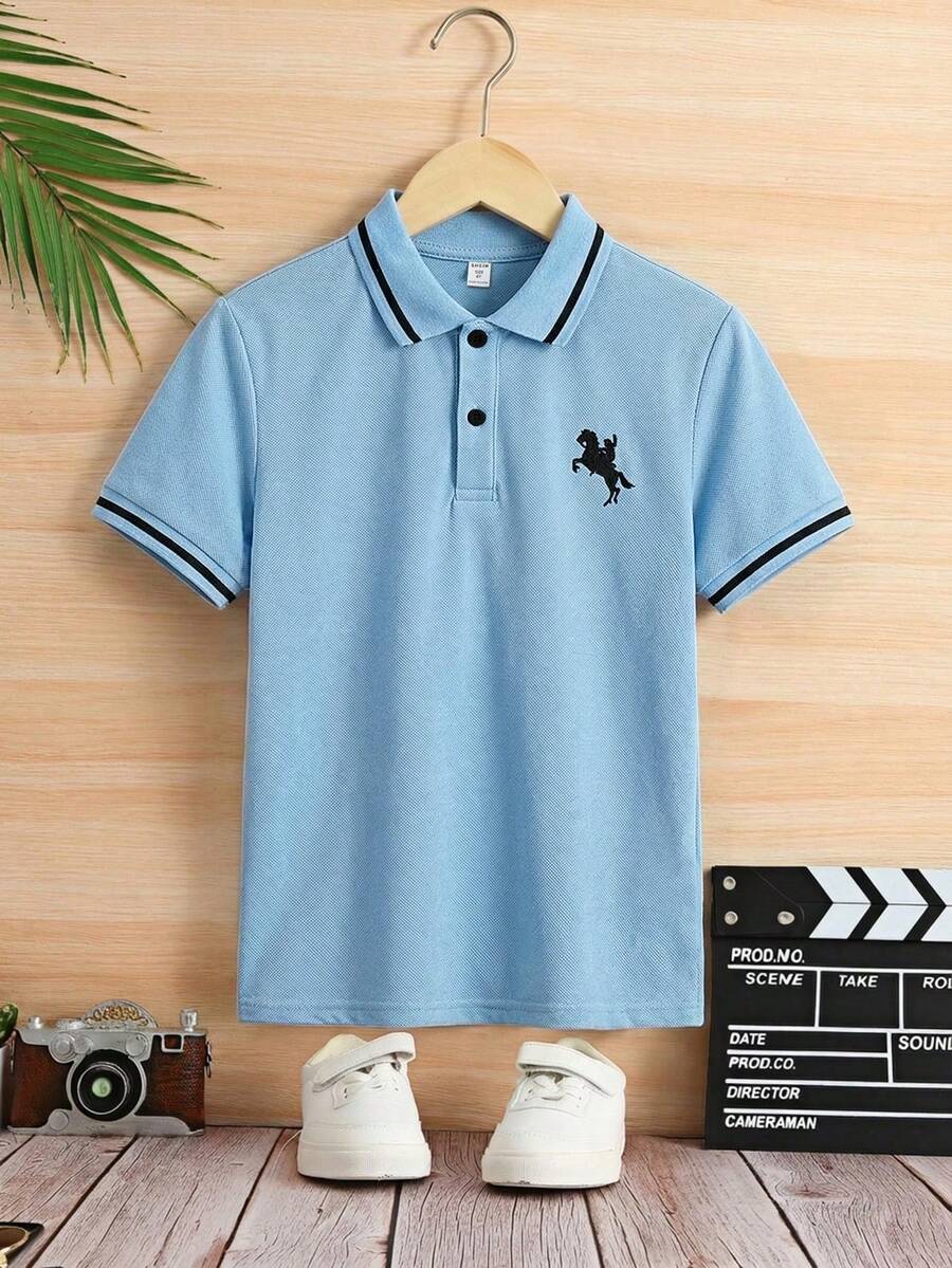 SHEIN 男童纯色短袖翻领Polo衫 - 淺藍色 - 查看 1