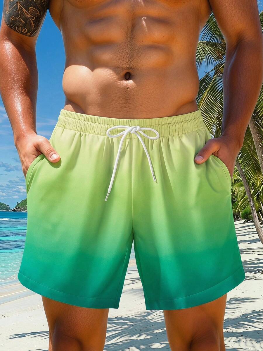 Manfinity RSRT Men's Vibrant Lime Green Gradient Color Beach Shorts,Tropical Summer Vacation Swim Trunks,Suitable For Water Surfing,Pool Party And Casual Water Play - Multicolor - View 1
