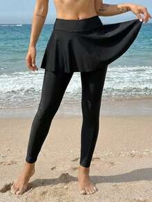 Livesso Women's Solid Color 2 In 1 Swimsuit Dress With Long Pants For Vacation - Black - View 1