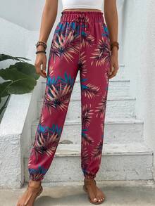 SHEIN VCAY 女款彈性腰植物印花休閒百搭日常旅行慢跑褲 - 粉色 - 查看 5