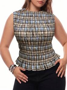 Solavibe Plus Size Women's Plaid Pleated Casual Versatile Everyday Date Night Top Baby Blue Summer - Multicolor - View 4