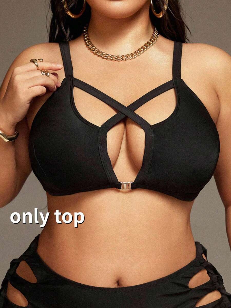 Swim SXY Simple Sexy Plus Size Women's Summer Beach Solid Color Spaghetti Strap Hollow Out Bikini Set - Black - View 1