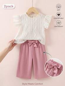SHEIN Playful Pals 女童夏季新款蕾丝短袖上衣+粉色阔腿裤两件套，甜美清新 - 彩色 - 查看 10