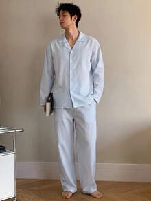 DAZY 長袖條紋布料襯衫搭配長褲男士居家休閒套裝 - 藍色 - 查看 3