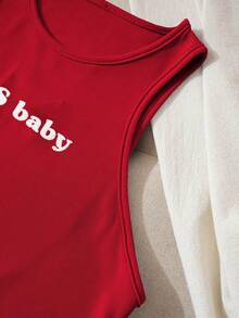 INAWLY Letter Print Slim Fit Round Neck Tank Top Graphic Tees Women Tops - Red - View 3