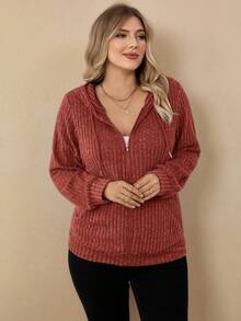 Rosumi Damen Große Größen Nebelblau Reißverschluss Fleece Gefüttert Lässig Kordelzug Leicht Strick Sport Reißverschluss Jacke Mit Taschen Und Kapuze - Rostbraun - Übersicht 6