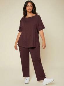 SHEIN BASICS Plus Solid Tee Pants For Summer Formal Holiday Burgundy Casual - Brown - View 3